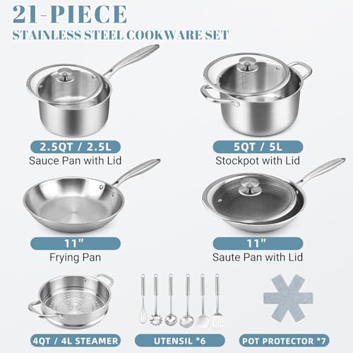 Tri Ply Stainless Steel Cookware Set with Steamer (21 Count)