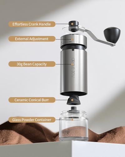 Mini Manual Coffee Grinder with 40 External Adjustable Settings and Ceramic Conical Burr (Silver)