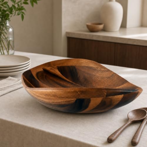 Wave Pattern Large Acacia Wood Salad Bowl (4" Tall x 12" Wide x 19" Long)