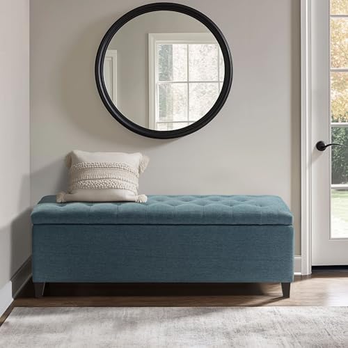 Madison Park Entryway Accent Bench for Living Room Flip Top Storage Chest, Shandra Tufted Top Upholstered Storage Bench End of Bed for Bedroom Furniture, Indoor Seating, 49"Wide, Blue