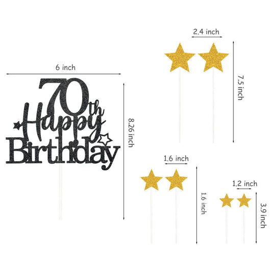 Black Gold 70th Birthday Cake Topper with Glittery Stars (7 Count)