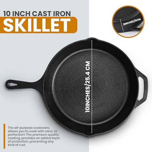 Cast Iron Skillet 10 Inch with Lid Chefs Frying Pan Black (10 Inch / Black)