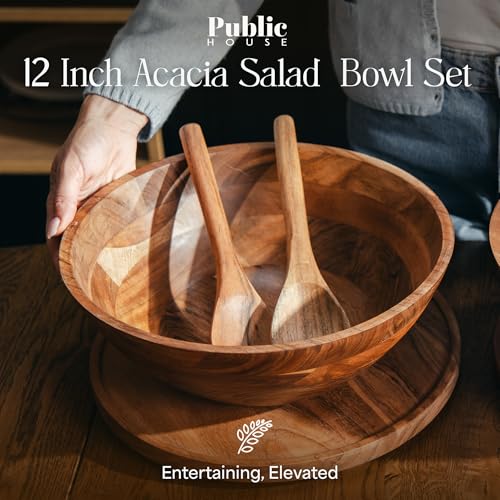 Large Wooden Salad Bowl Set 12.5 Inch with Serving Utensils (Natural / 12.5)
