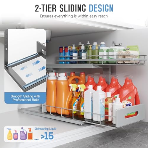 Under Sink Organizer Upgrade To Professional Rails (Gun Gray / 2 Pack-21"Dx12.8"-16.9"H)