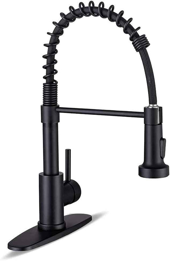 Kitchen Faucets with Pull Down Sprayer Commercial Industrial Stainless Steel Single Handle Single Hole Spring Farmhouse RV Sink Faucet, Matte Black Kitchen Faucet for Laundry Utility Room Sink