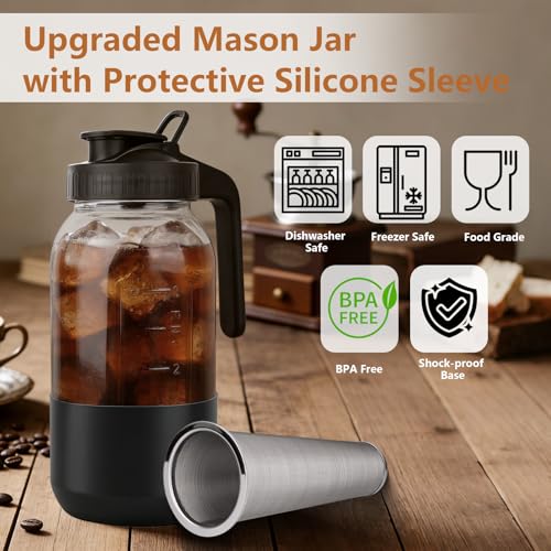 Cold Brew Coffee Maker (Black with Long Silicone Sleeve / 64 Ounces)