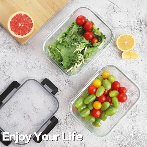 8 Pack 36oz Large Glass Meal Prep Containers with Leak Proof Snap (Black / 8 Pack 36oz)