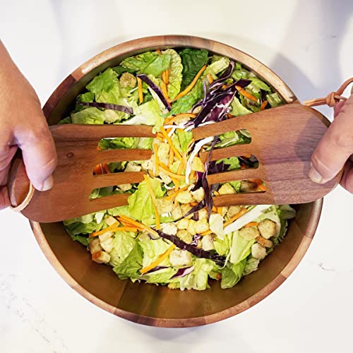 Woodard & Charles Acaica Wood 12" x 5" Serving Bowl Set with Serving Hands (12" x 5" Bowl w/ Salad Hands-*Pack of 4*)