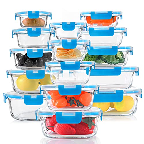 30 Pieces Glass Food Storage Containers Set (Blue / 15 Pack)