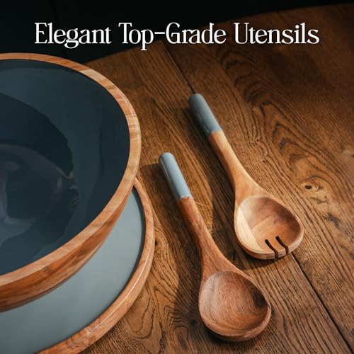Large Wooden Salad Bowl Set 12.5 Inch with Serving Utensils (Seafoam / 12.5)