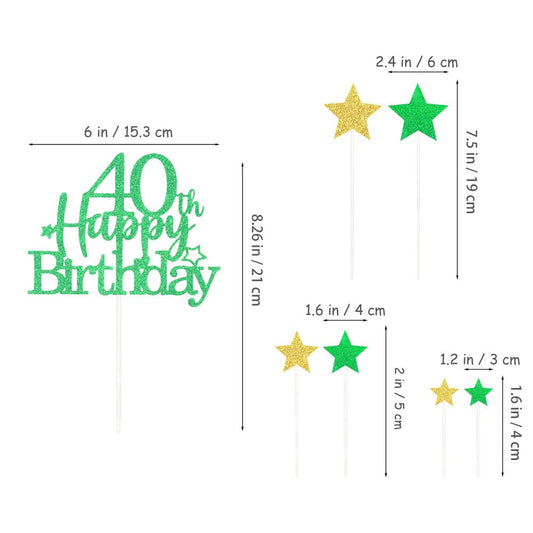 Green Gold 40th Birthday Cake Topper with Glittery Stars (7 Count)