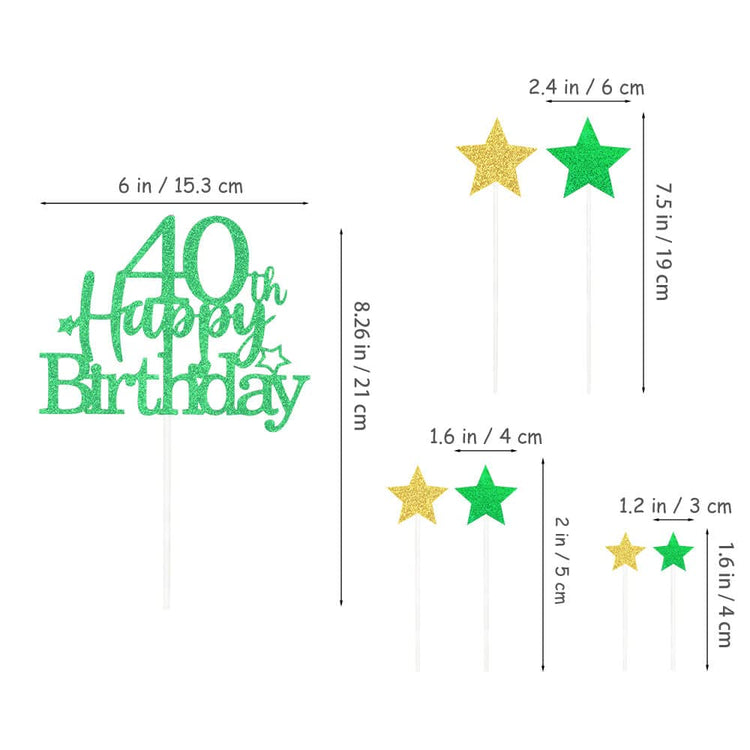 Green Gold 40th Birthday Cake Topper with Glittery Stars (7 Count)