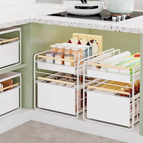 2 Tier Stainless Steel Pull Out Cabinet Organizer ([White] Free Installation)