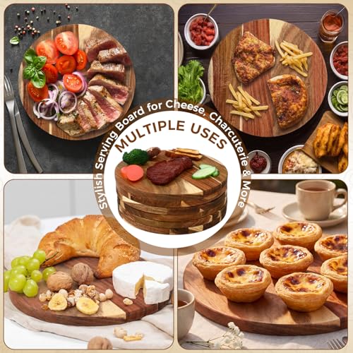 6 Pack 10" Acacia Wooden Round Cutting Boards Bulk 0.6 Inch Thick Round Charcuterie Board Smooth Surface Multipurpose Chopping Serving Tray for Pizza Fruit Vegetables Bread (6 Count)