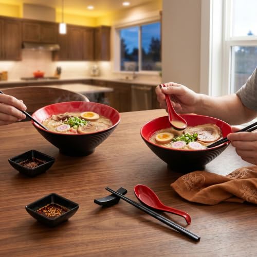 Unbreakable Melamine Ramen Bowl Set （2 piece set） (Red-Black / Set-2)
