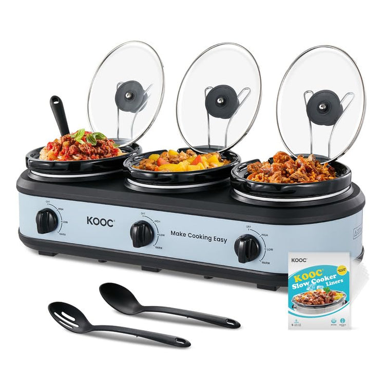 Triple Slow Cooker Buffet Server and Food Warmer 3x1.5 Quart Individual Temp Control With Lid Rests & Spoons With Liners Included Blue Grey