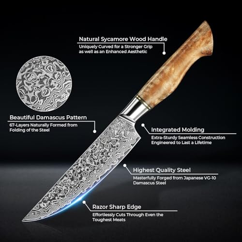 SENKEN 6 Piece Damascus Steel Steak Knife Set (6 Count)
