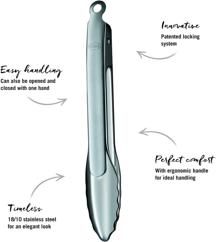 Rösle 12915 Stainless Steel One-Handed Lock & Release Tongs 9 in