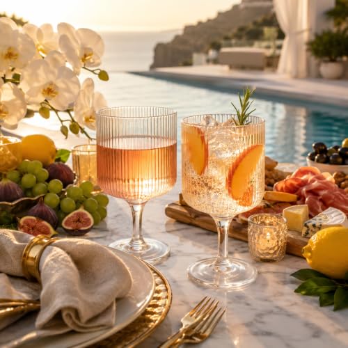 Textured Clear Glass Ribbed Modern Elegant Wine Goblets for Red White Rosé Beverages