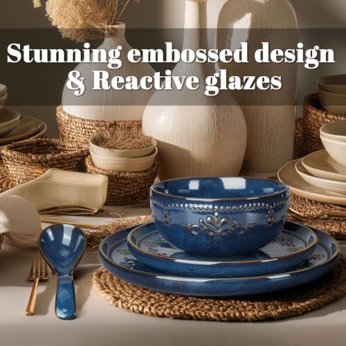 4 Piece Handcrafted Ceramic Dinnerware Set (Damask Floral (4 Pieces) (Blue))