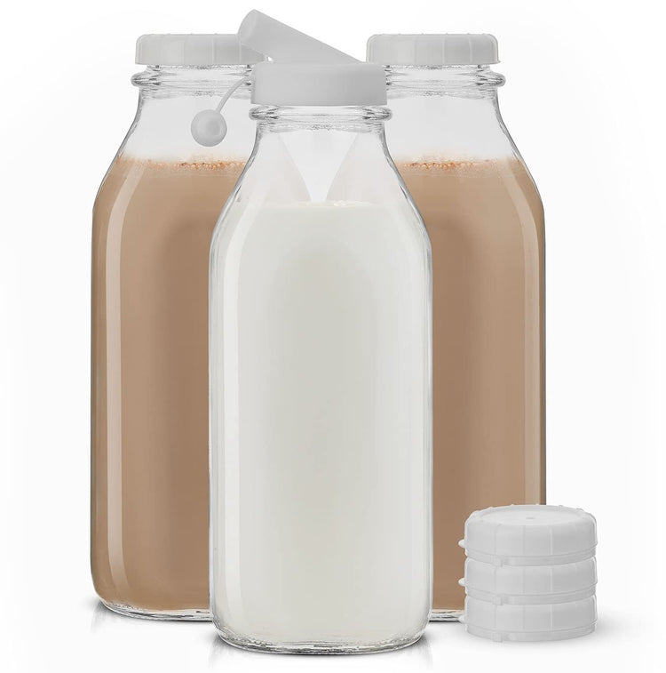 Glass Milk Bottles with Lids and Pourer (3 Count)