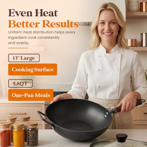 Carbon Steel Wok with Lid Ceramic Nonstick Flat Bottom Wok Pan Induction Compatible Stir Fry Wok Beech Wood Handle Glass Lid Healthy Cooking Wok for Gas Electric Ceramic Halogen Cooktops (12.6" (32cm))