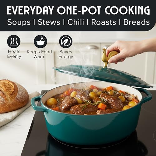 5.5 Quart Enameled Cast Iron Oval Dutch Oven with Rooster Knob and Cotton Potholders