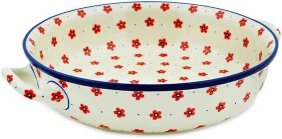 Polmedia Polish Pottery Round Baker with Handles 10-inch - Wildflower Burst Pattern Handmade in Boleslawiec Poland by Ceramika Artystyczna + Certificate of Authenticity
