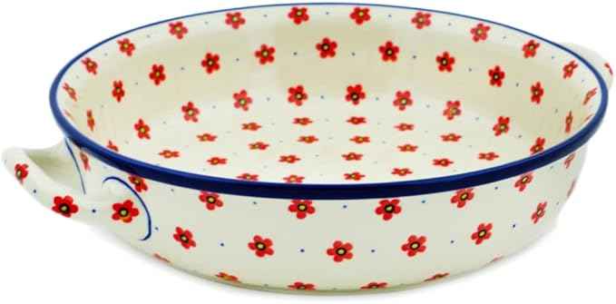 Polmedia Polish Pottery Round Baker with Handles 10-inch - Wildflower Burst Pattern Handmade in Boleslawiec Poland by Ceramika Artystyczna + Certificate of Authenticity