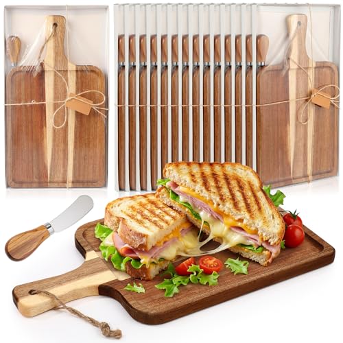 16set Acacia Wood Charcuterie Board with Knife Wooden Serving Tray with Groove Acacia Wood Cutting Board with Card and Gift Box for Wedding Baby Shower Housewarming Gift (16 Count)