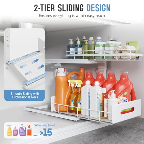 Under Sink Organizer Upgrade To Professional Rails (White / 2 Pack-18.5"Dx12.8"-16.9"H)
