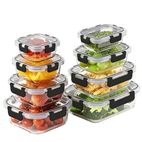 8 Pack Glass Food Storage Containers with Snap Locking Lids for Meal Prep (Deep Black / 8 Pack)