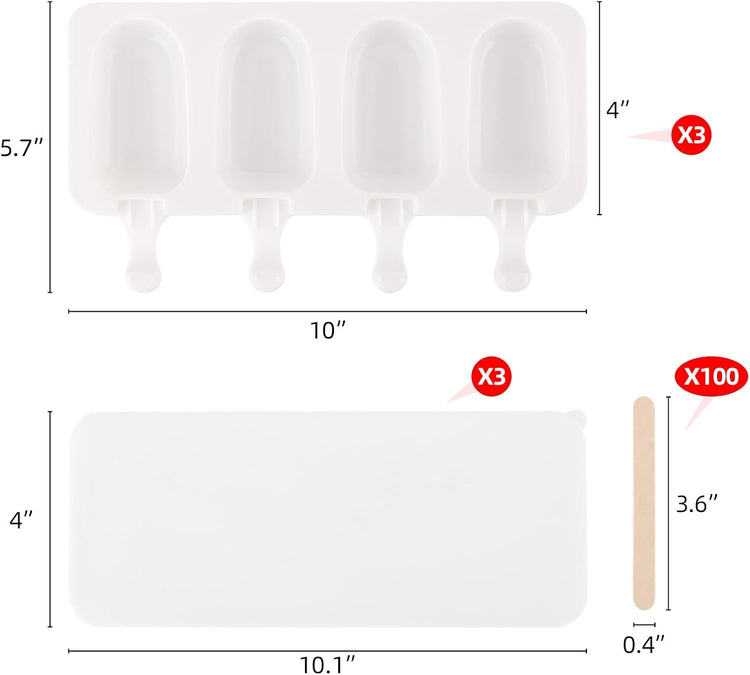 3 Set Popsicles Molds with Lids and 100 Pcs Wooden Popsicles Sticks, Standard Size 4 Cavities Silicone Ice Pop Molds for Making Cakesicles, Cake Pops, Ice Cream - BPA Free