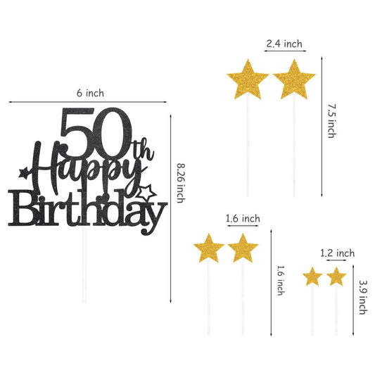 Black Gold 50th Birthday Cake Topper with Glittery Stars (7 Count)