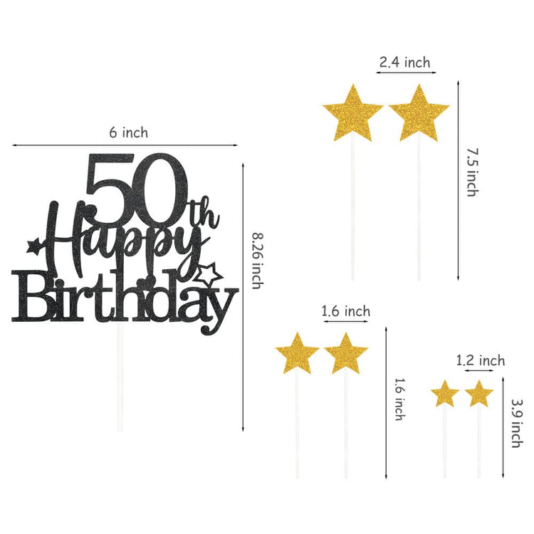Black Gold 50th Birthday Cake Topper with Glittery Stars (7 Count)