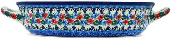 Polmedia Polish Pottery Round Baker with Handles 10-inch UNIKAT - Blue Escape Pattern Handmade in Boleslawiec Poland by Ceramika Artystyczna + Certificate of Authenticity