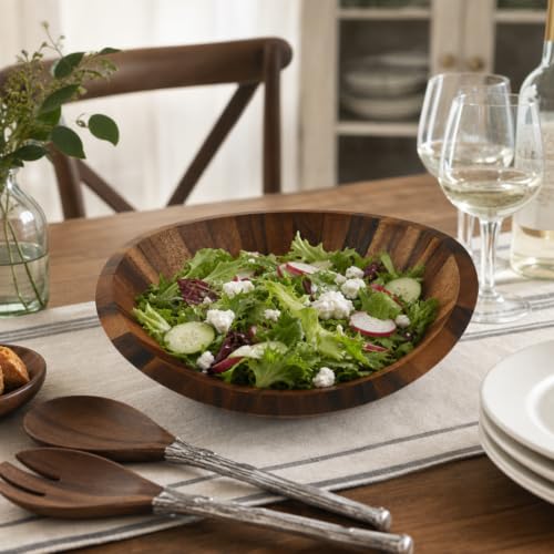 Large Acacia Wood Salad Serving Bowl (4" Tall x 11" Diameter)
