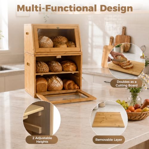 2 Tier Detachable Bamboo Bread Box for Kitchen Countertop