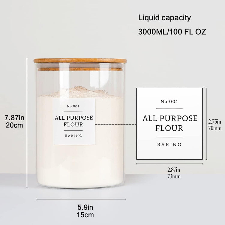 Large Glass Storage Jars With Airtight Bamboo Lid - 100 Fl Oz Thicken Kitchen Glass Food Storage Canister With 42 Pantry Labels - Big Clear Flour And Sugar Containers Farmhouse