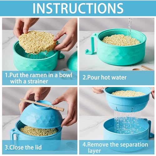 6 Sets Microwave Ramen Bowl with Utensils Bulk (Blue,Green)