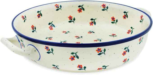 Polmedia Polish Pottery Round Baker with Handles 10-inch - Full Bloom Pattern Handmade in Boleslawiec Poland by Ceramika Artystyczna + Certificate of Authenticity