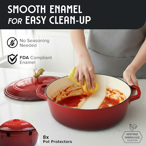5.5 Quart Enameled Cast Iron Oval Dutch Oven w Rooster Knob & Cotton Potholders