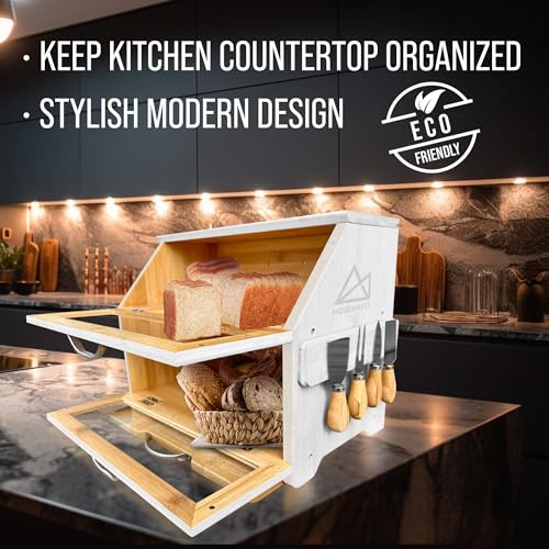Bread Box with Cutting Board & Knife Set (White Bamboo)