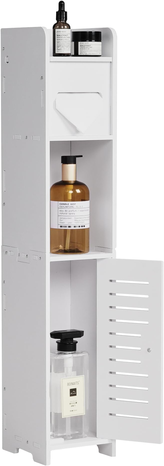 VECELO Storage Cabinet for Small Spaces,Skinny Toilet Paper Holder Stand with Anti-Drop Fence and Roller Storage, White