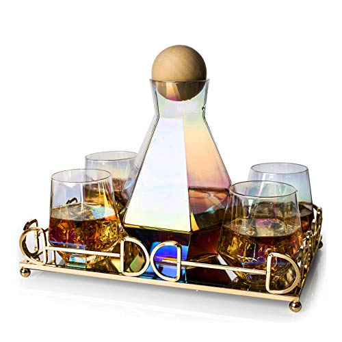 Iridescent Whiskey Decanter Diamond shaped With 4 Diamond Glasses & Mirrored Gold Tray Holder