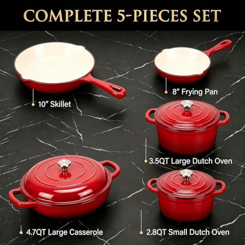 5 Piece Red Enameled Cast Iron Cookware Set