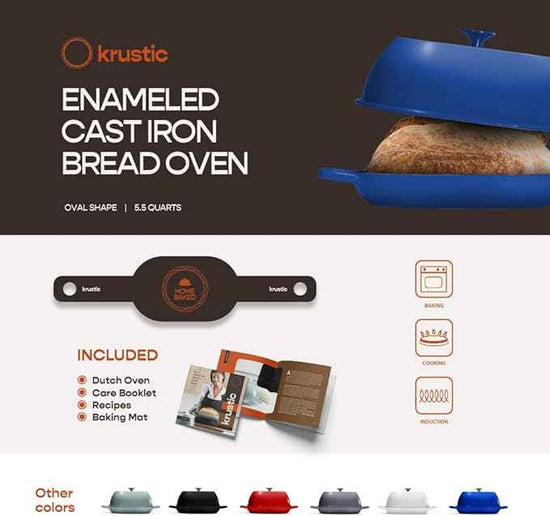 Enameled Cast Iron Dutch Oven for Professional Sourdough Bread Baking | 5.5 Quart Loaf Size Oval Cookware Pot with Lid | Triple-Layer Enamel Coating Pan with Non Stick Silicone Mat | Blue