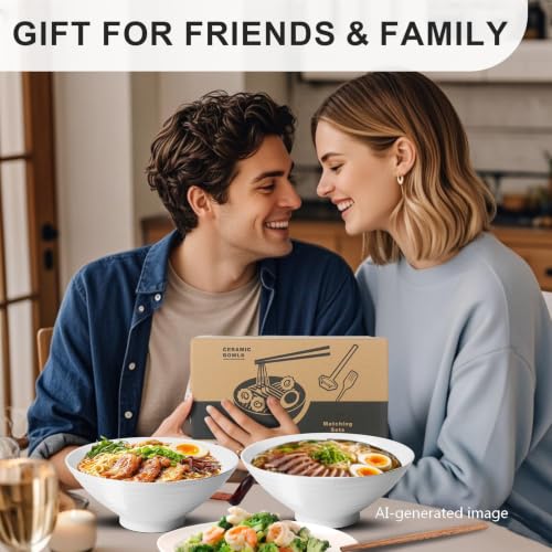 8 Inch Ramen Bowl Set 2 Large Japanese Bowls Ceramic Microwavable 8pcs (Pure White / 8 INCH 2 Set)