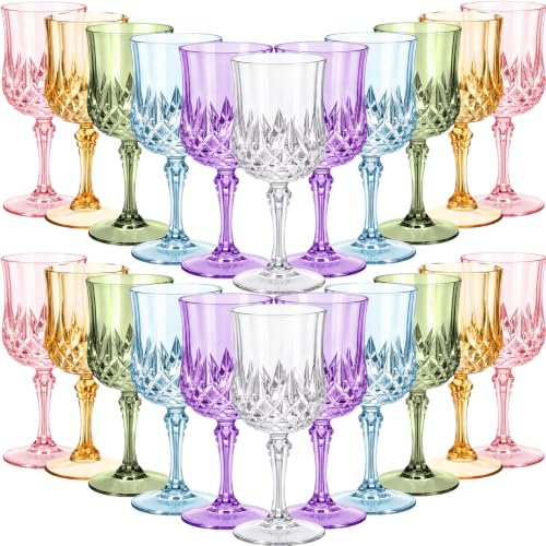 Multicolor 7oz Plastic Vintage Wine Glasses Drinking Goblets Unbreakable Crystal Water Glassware Reusable Diamond Champagne Flutes Cups for Wedding Banquet Birthday Party Supplies (48 Count)