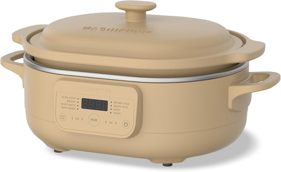 4 Quart Programmable Slow Cooker with Flexible Easy Programming, 8-in-1 Multi-Cooker with Dishwasher Safe Lid & Removable Crock Pot & Wooden Spoon, Nonstick, Oven Safe Pot to 500°F, Brown - Nestoria